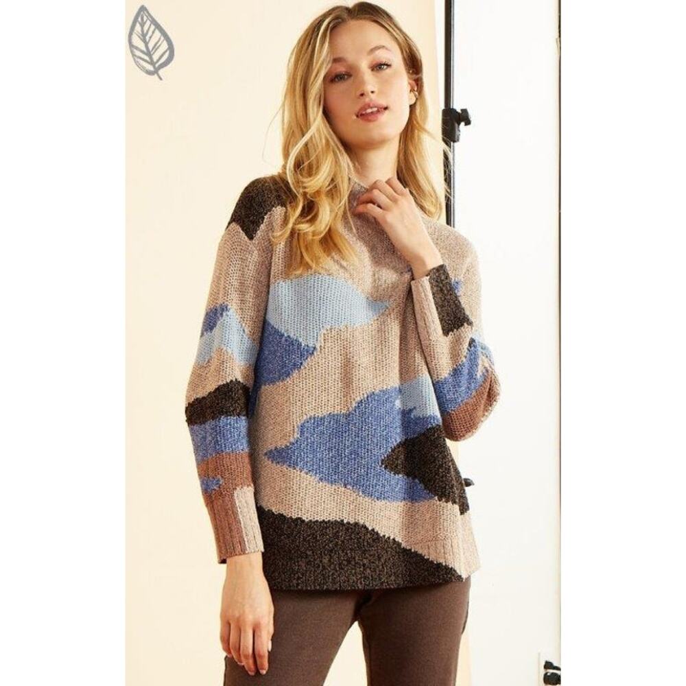 Nic+Zoe Winter Waves Pattern Sweater Brown Mock Neck Cotton Womens Plus Size 1X
